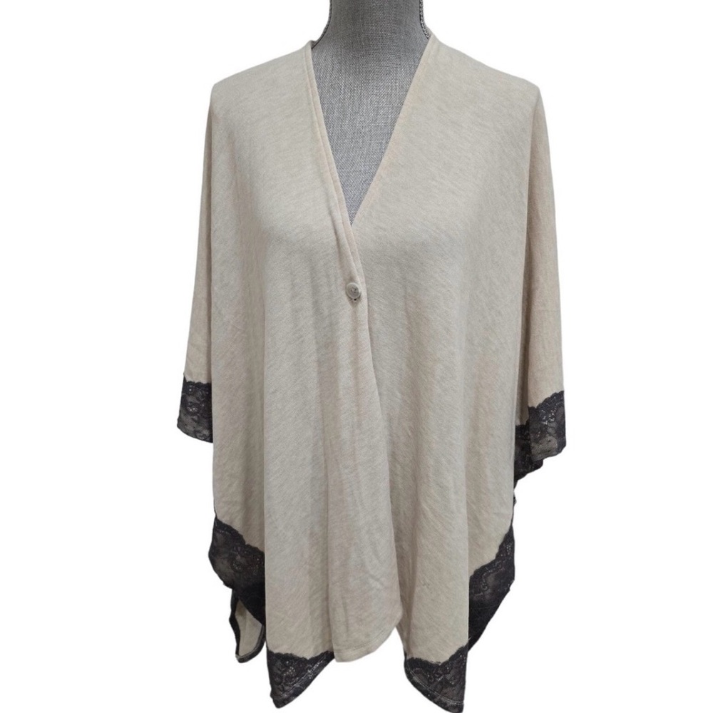 Chic Beige Poncho with Black Lace by [Brand]